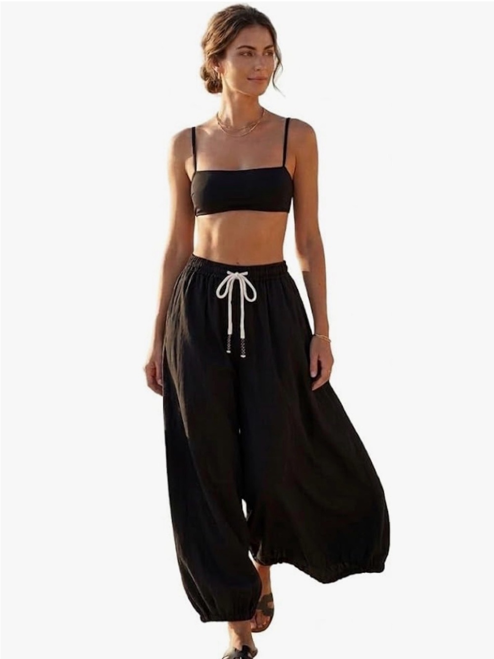 Women’s Linen Harem Pants- Elastic Drawstring - Black